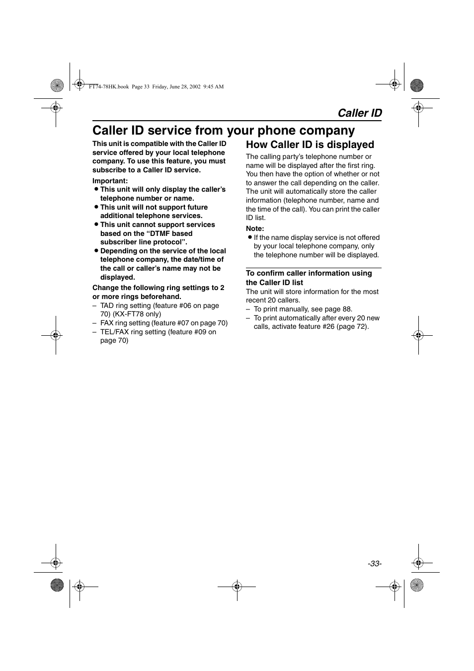 Caller id service from your phone company, Caller id, How caller id is displayed | Panasonic KX-FT78HK User Manual | Page 33 / 94