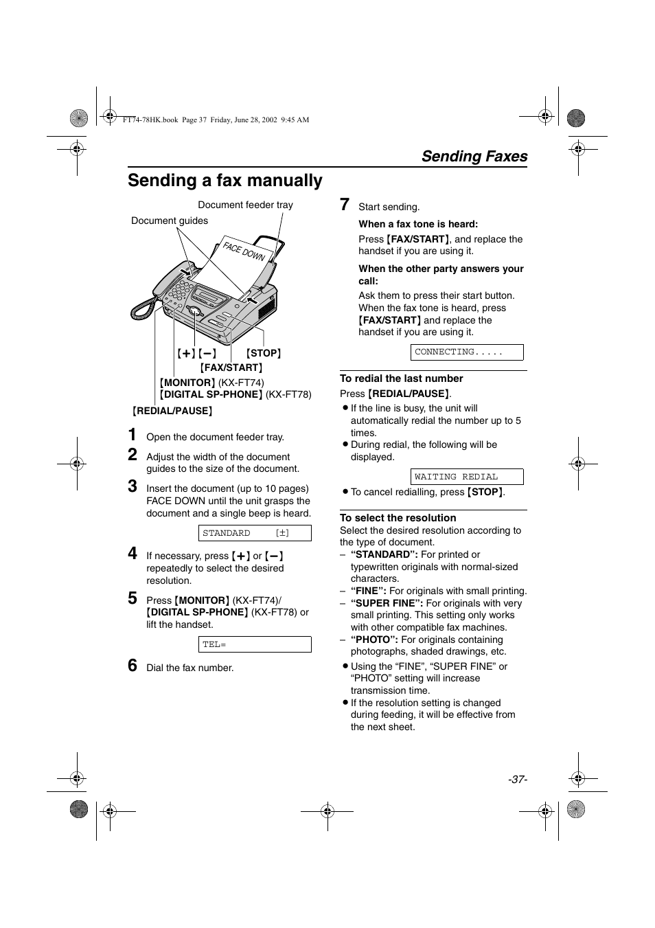 Sending a fax manually 1, Sending faxes | Panasonic KX-FT78HK User Manual | Page 37 / 94