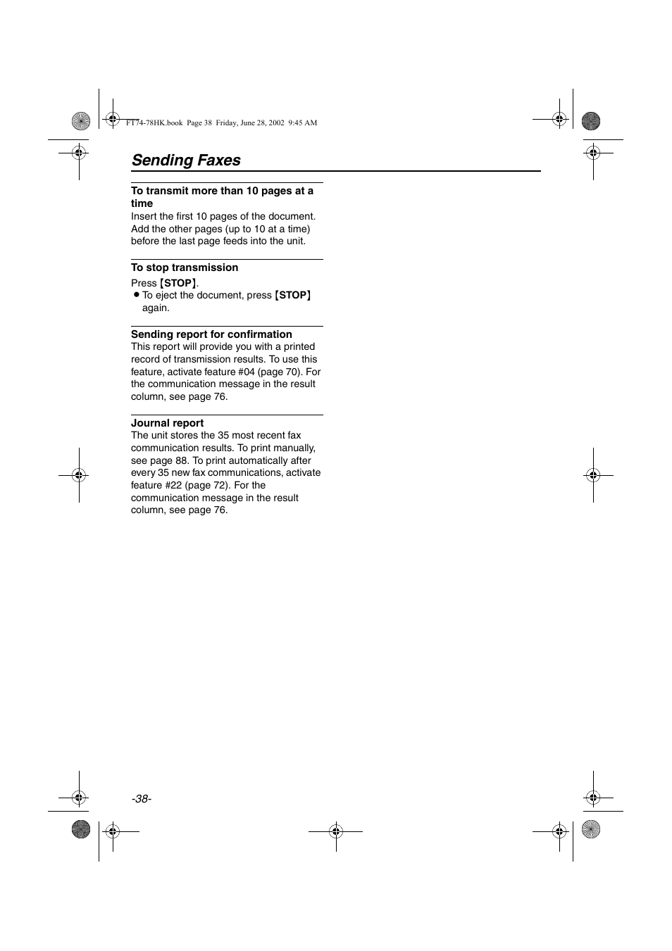 Sending faxes | Panasonic KX-FT78HK User Manual | Page 38 / 94