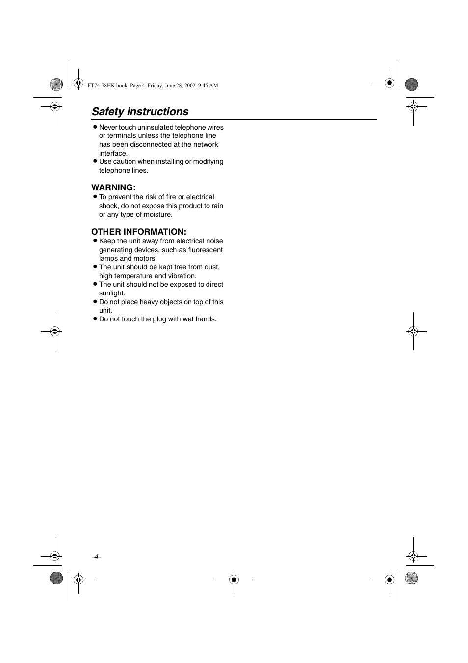 Safety instructions | Panasonic KX-FT78HK User Manual | Page 4 / 94