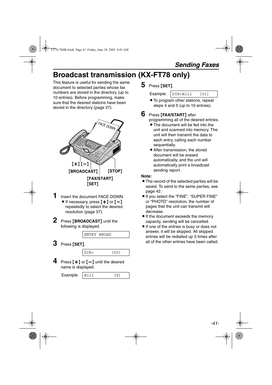 Broadcast transmission (kx-ft78 only), Sending faxes | Panasonic KX-FT78HK User Manual | Page 41 / 94