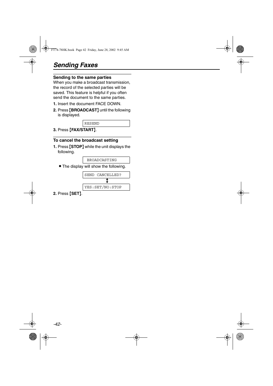 Sending faxes | Panasonic KX-FT78HK User Manual | Page 42 / 94