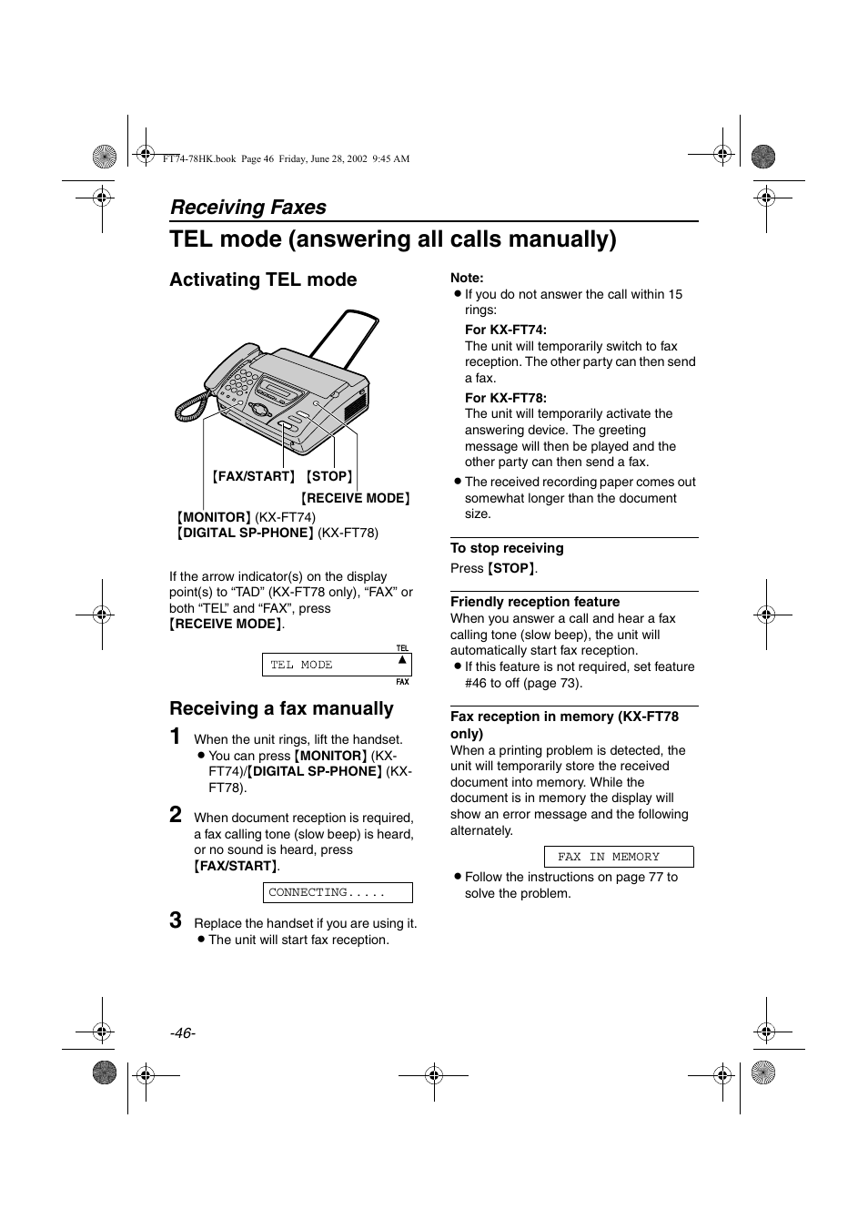 Tel mode (answering all calls manually), Receiving faxes, Activating tel mode | Receiving a fax manually | Panasonic KX-FT78HK User Manual | Page 46 / 94