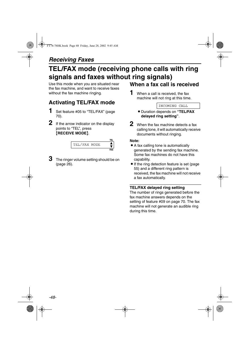 Receiving faxes, Activating tel/fax mode, When a fax call is received | Panasonic KX-FT78HK User Manual | Page 48 / 94