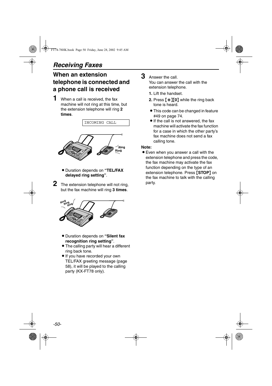 Receiving faxes | Panasonic KX-FT78HK User Manual | Page 50 / 94