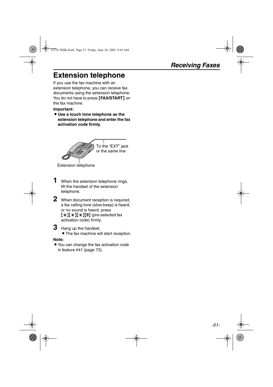 Extension telephone, Receiving faxes | Panasonic KX-FT78HK User Manual | Page 51 / 94