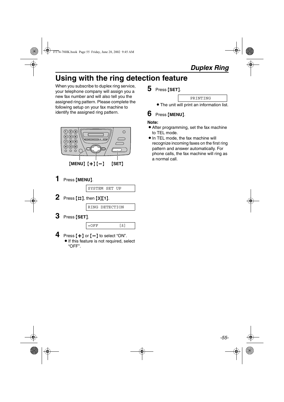 Using with the ring detection feature, Duplex ring | Panasonic KX-FT78HK User Manual | Page 55 / 94