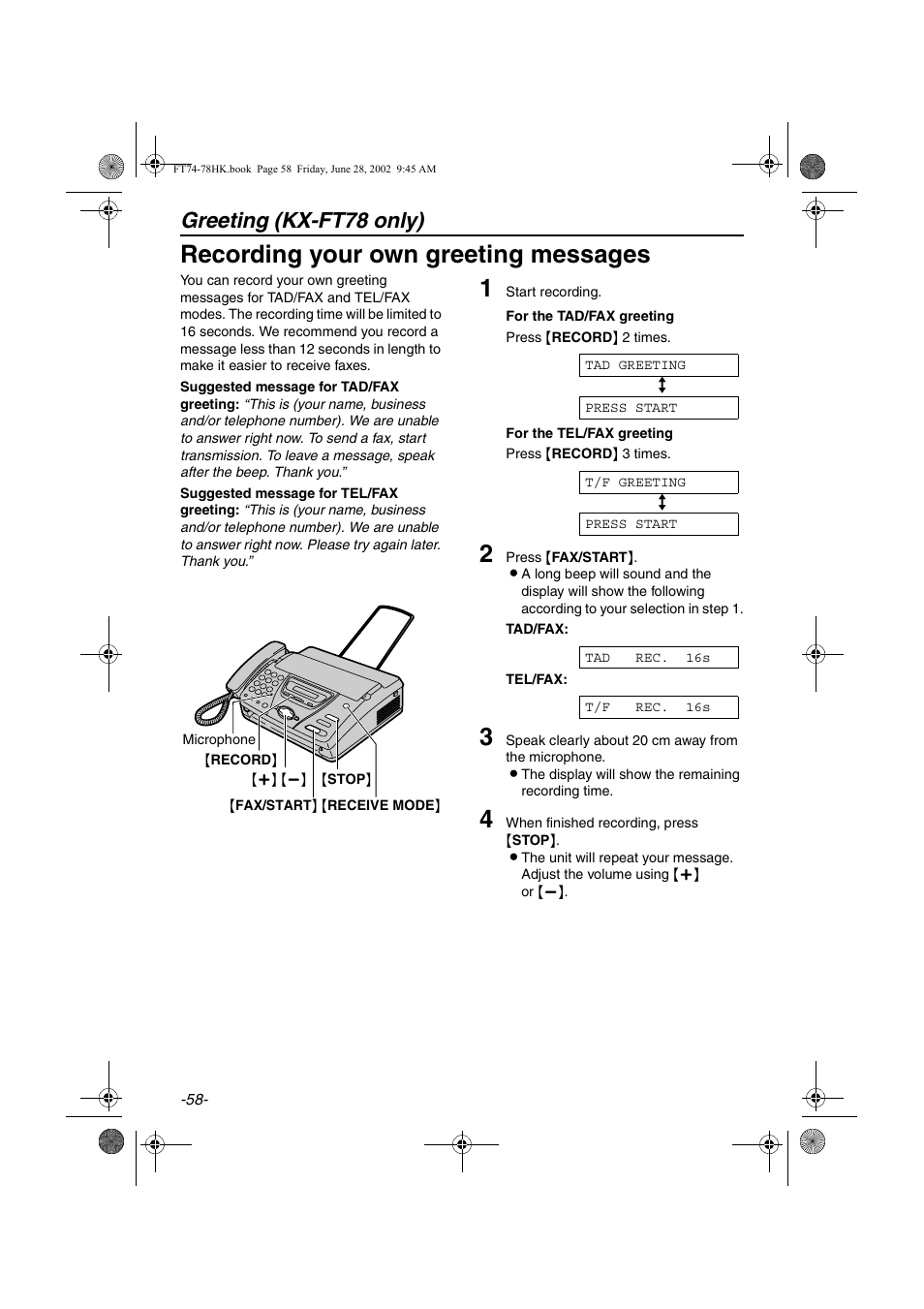 Recording your own greeting messages, Greeting (kx-ft78 only) | Panasonic KX-FT78HK User Manual | Page 58 / 94