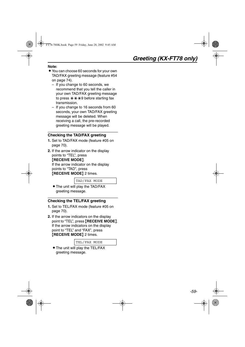 Greeting (kx-ft78 only) | Panasonic KX-FT78HK User Manual | Page 59 / 94