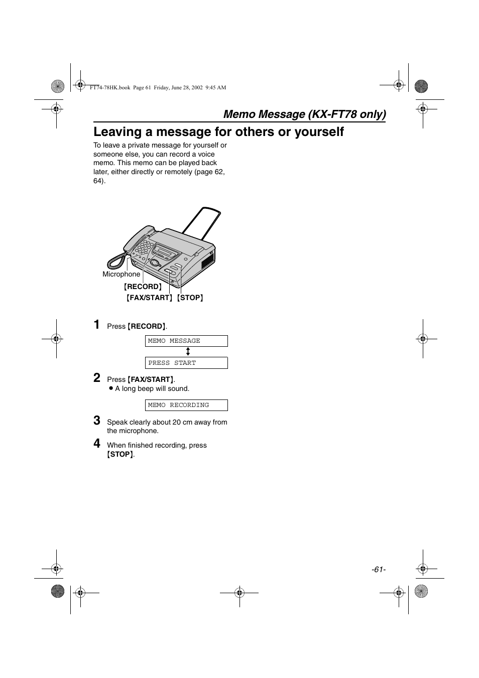 Leaving a message for others or yourself | Panasonic KX-FT78HK User Manual | Page 61 / 94