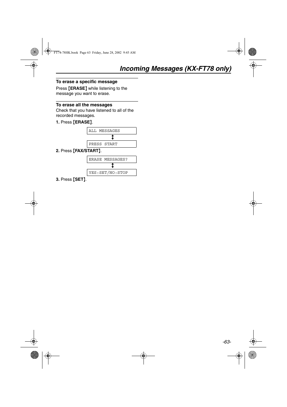 Incoming messages (kx-ft78 only) | Panasonic KX-FT78HK User Manual | Page 63 / 94