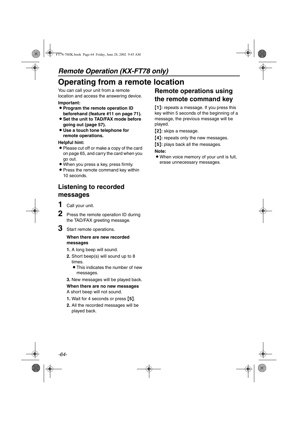 Operating from a remote location, Remote operation (kx-ft78 only), Listening to recorded messages | Remote operations using the remote command key | Panasonic KX-FT78HK User Manual | Page 64 / 94