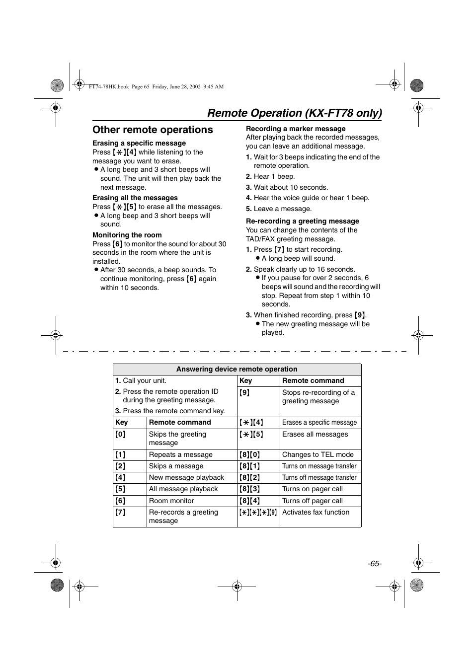 Remote operation (kx-ft78 only), Other remote operations | Panasonic KX-FT78HK User Manual | Page 65 / 94