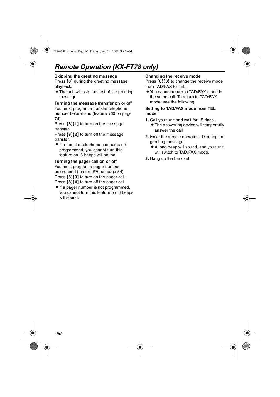 Remote operation (kx-ft78 only) | Panasonic KX-FT78HK User Manual | Page 66 / 94