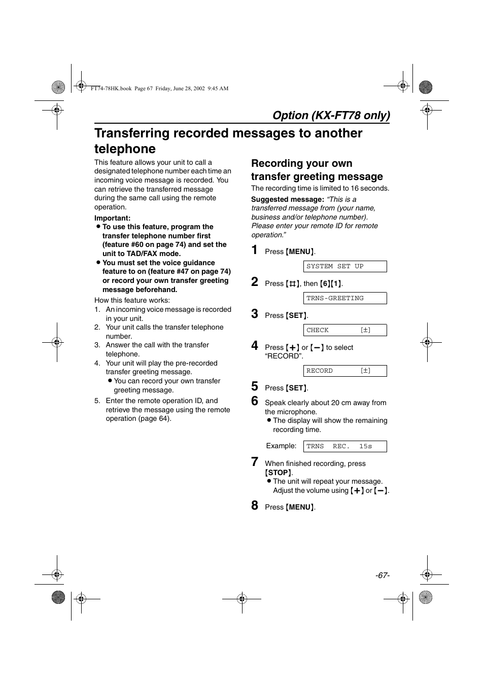 Option (kx-ft78 only), Recording your own transfer greeting message | Panasonic KX-FT78HK User Manual | Page 67 / 94