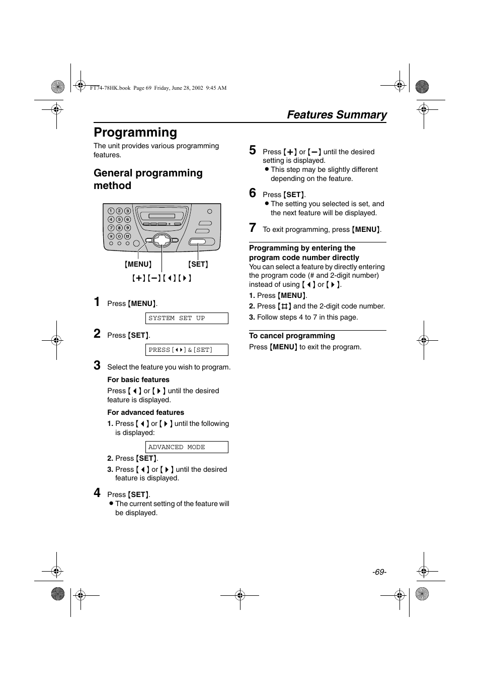 Programming, Features summary, General programming method | Panasonic KX-FT78HK User Manual | Page 69 / 94