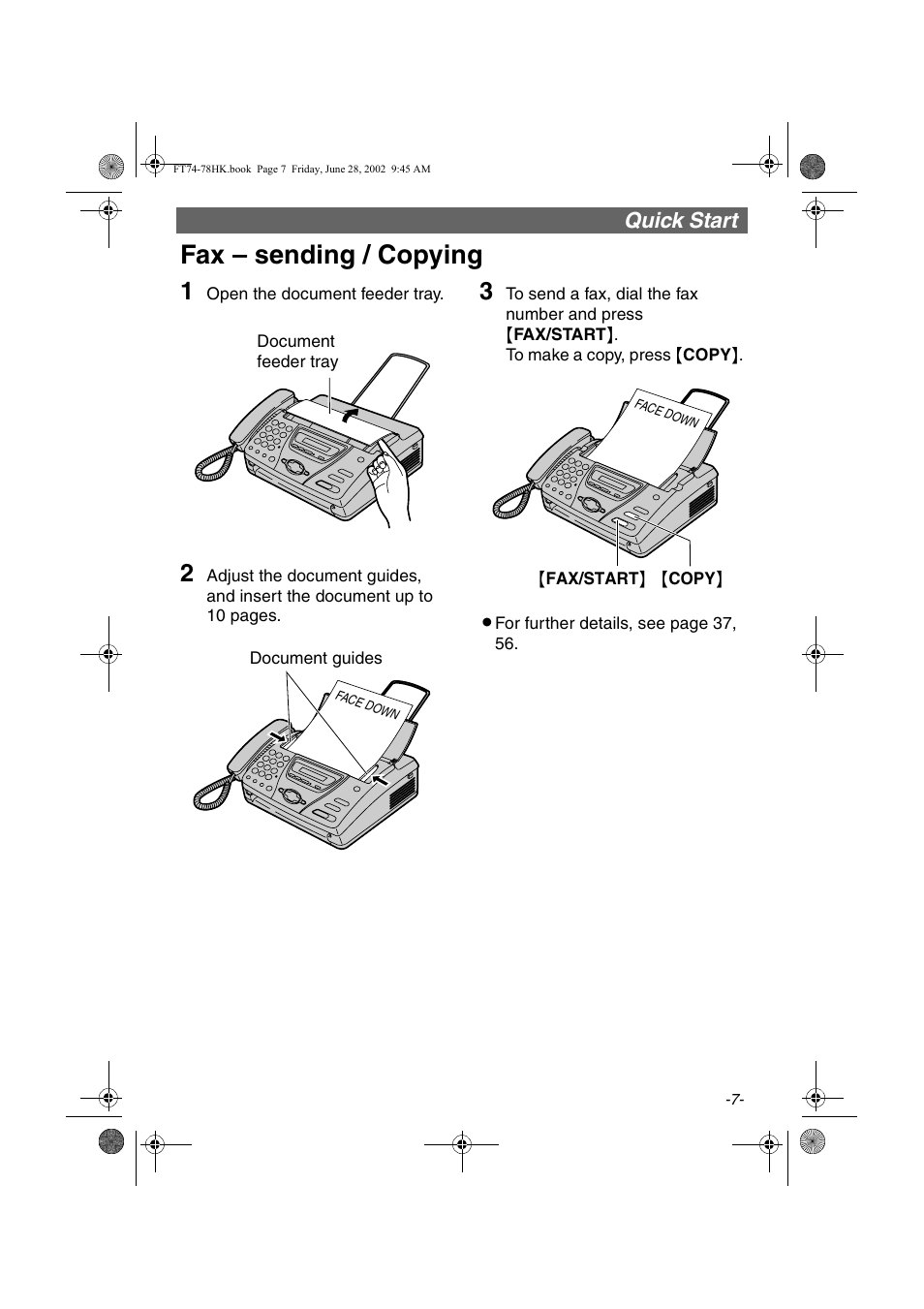 Fax – sending / copying, Quick start | Panasonic KX-FT78HK User Manual | Page 7 / 94