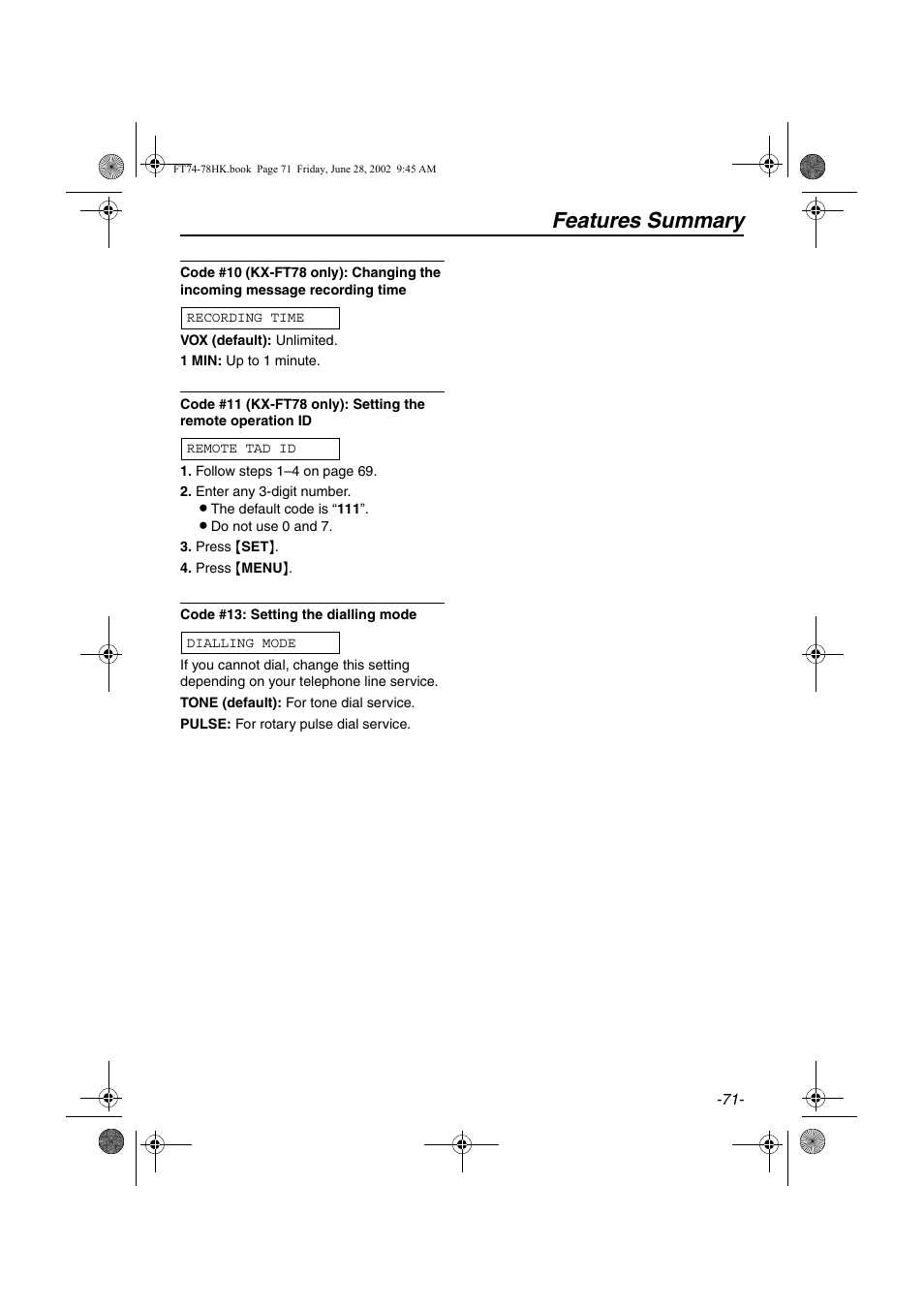 Features summary | Panasonic KX-FT78HK User Manual | Page 71 / 94