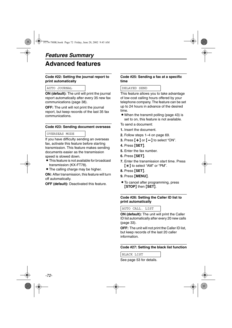 Advanced features, Features summary | Panasonic KX-FT78HK User Manual | Page 72 / 94