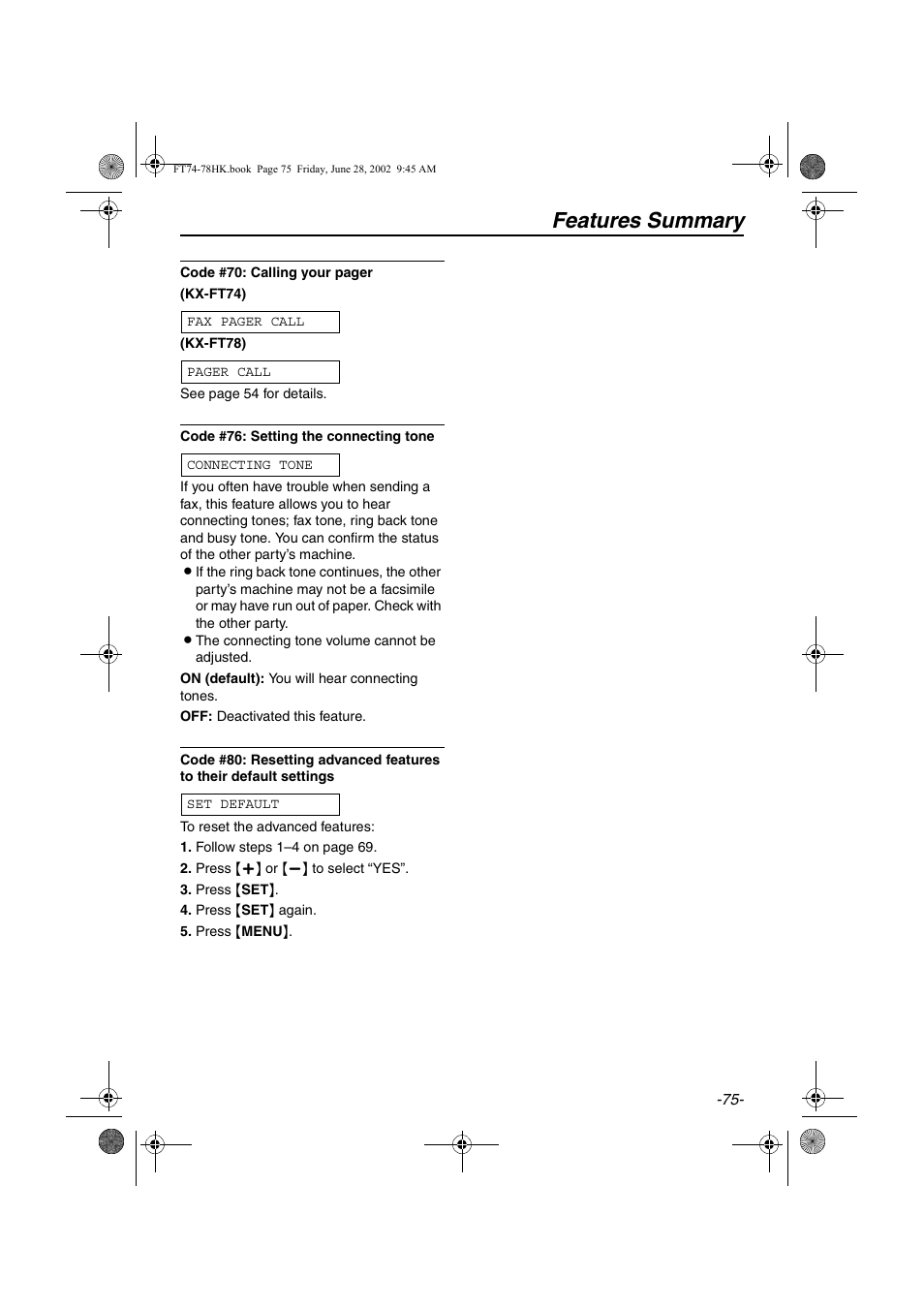 Features summary | Panasonic KX-FT78HK User Manual | Page 75 / 94