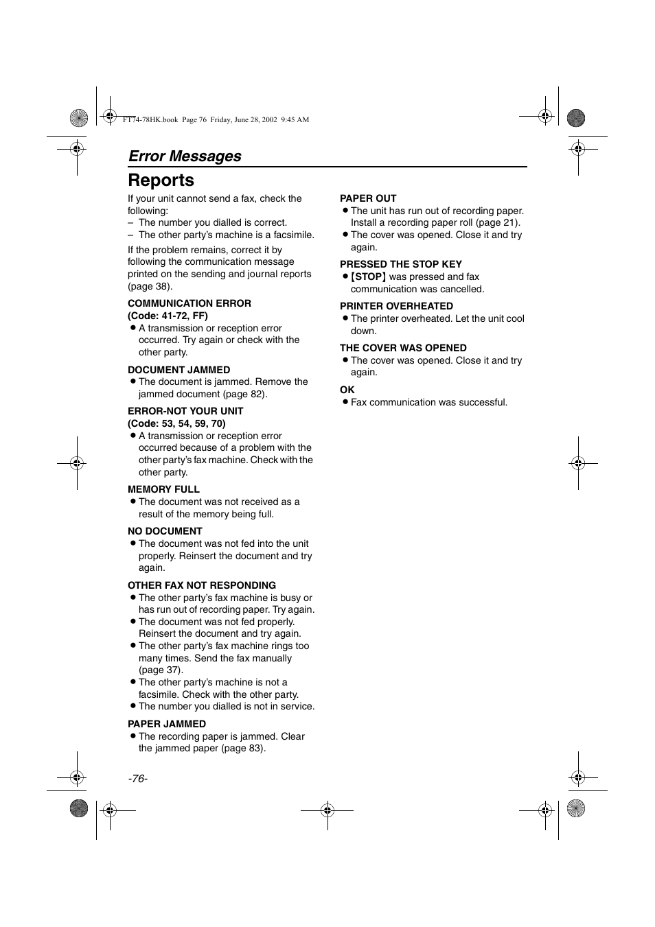 Reports, Error messages | Panasonic KX-FT78HK User Manual | Page 76 / 94