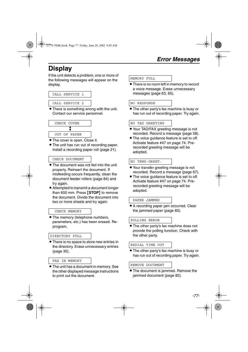 Display, Error messages | Panasonic KX-FT78HK User Manual | Page 77 / 94