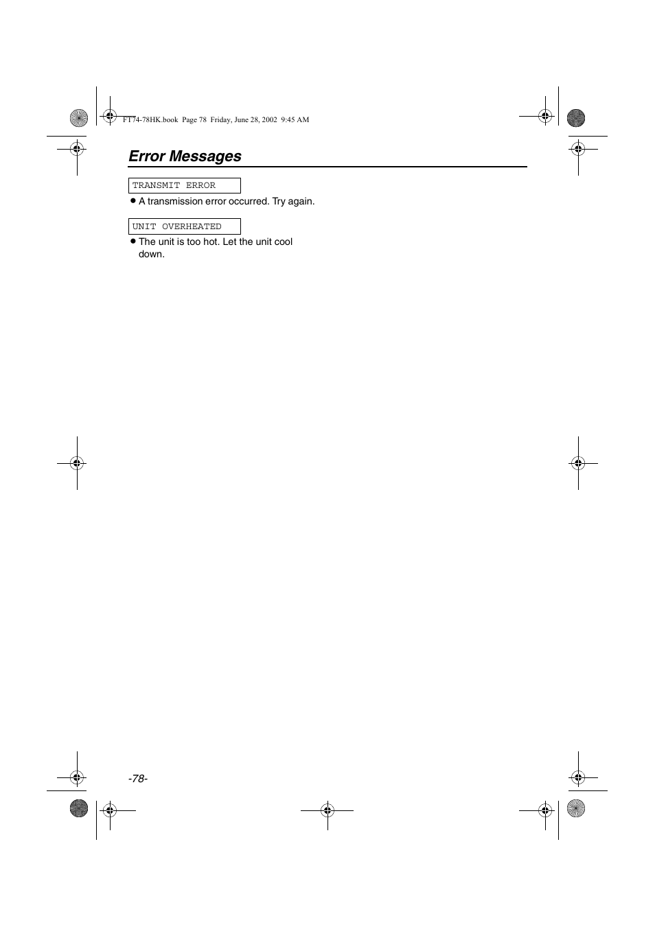 Error messages | Panasonic KX-FT78HK User Manual | Page 78 / 94