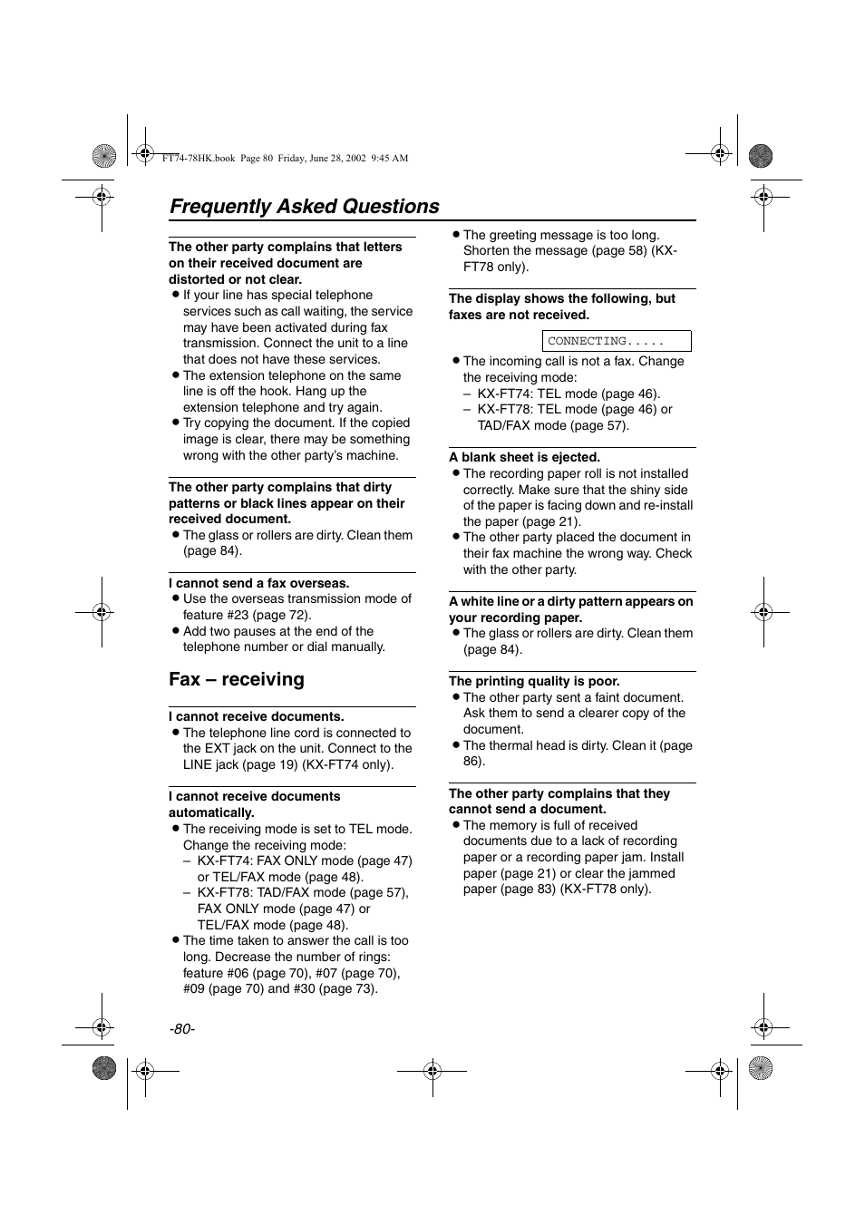 Frequently asked questions, Fax – receiving | Panasonic KX-FT78HK User Manual | Page 80 / 94