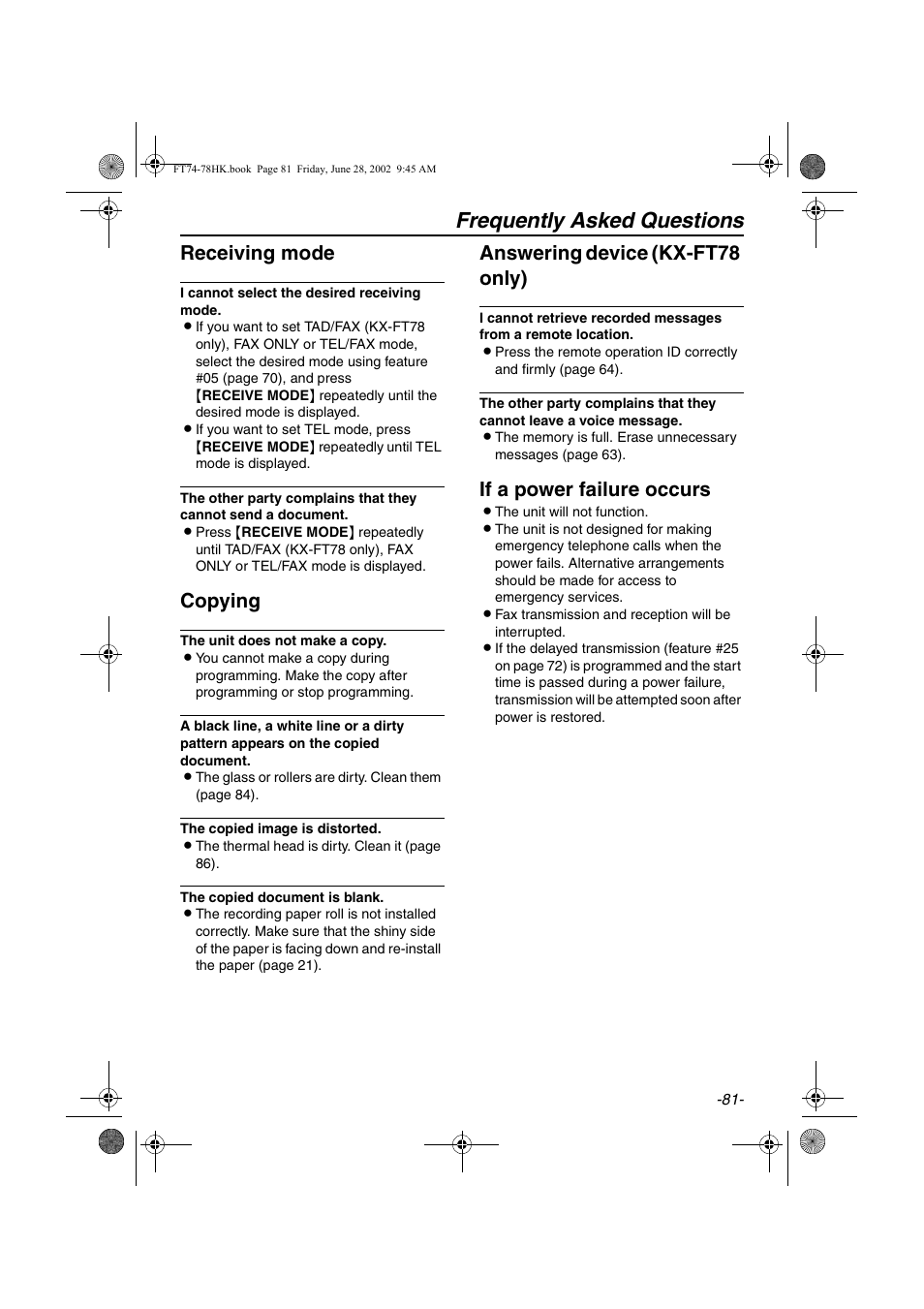 Frequently asked questions, Receiving mode, Copying | Answering device (kx-ft78 only), If a power failure occurs | Panasonic KX-FT78HK User Manual | Page 81 / 94