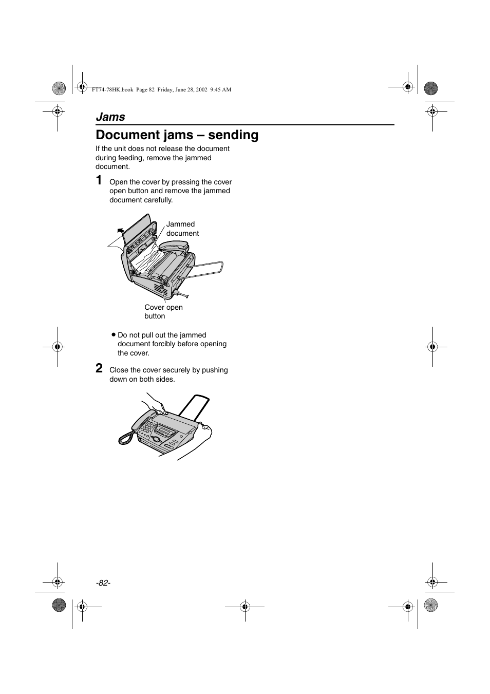 Document jams – sending, Jams | Panasonic KX-FT78HK User Manual | Page 82 / 94