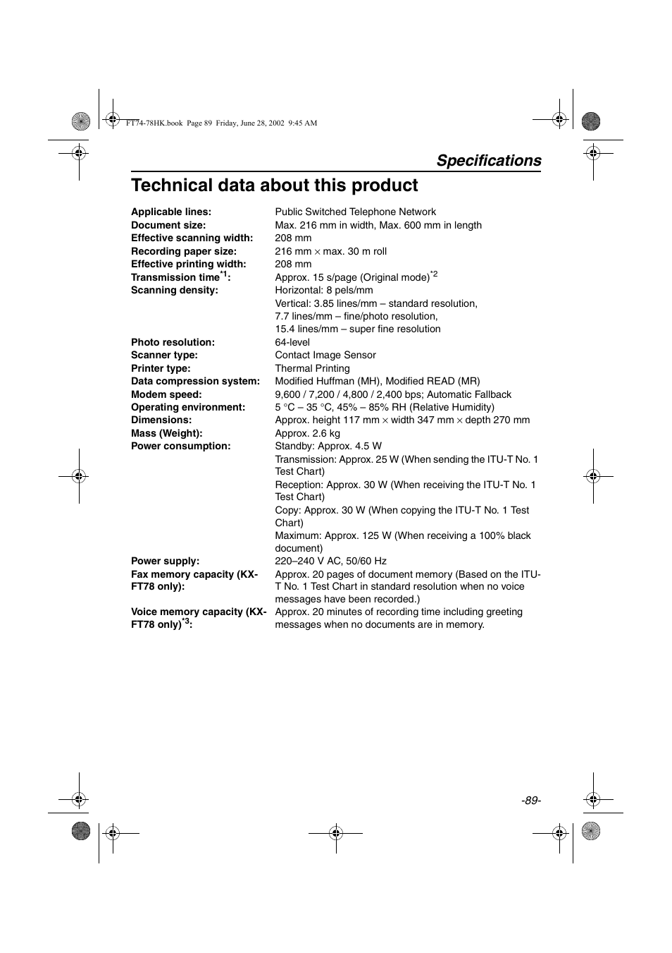 Technical data about this product, Specifications | Panasonic KX-FT78HK User Manual | Page 89 / 94