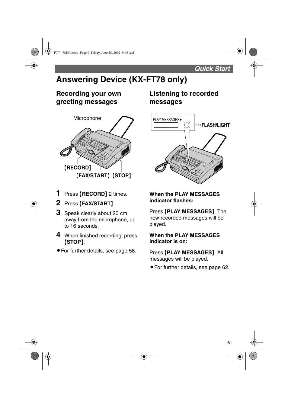 Answering device (kx-ft78 only), Quick start, Recording your own greeting messages | Listening to recorded messages | Panasonic KX-FT78HK User Manual | Page 9 / 94