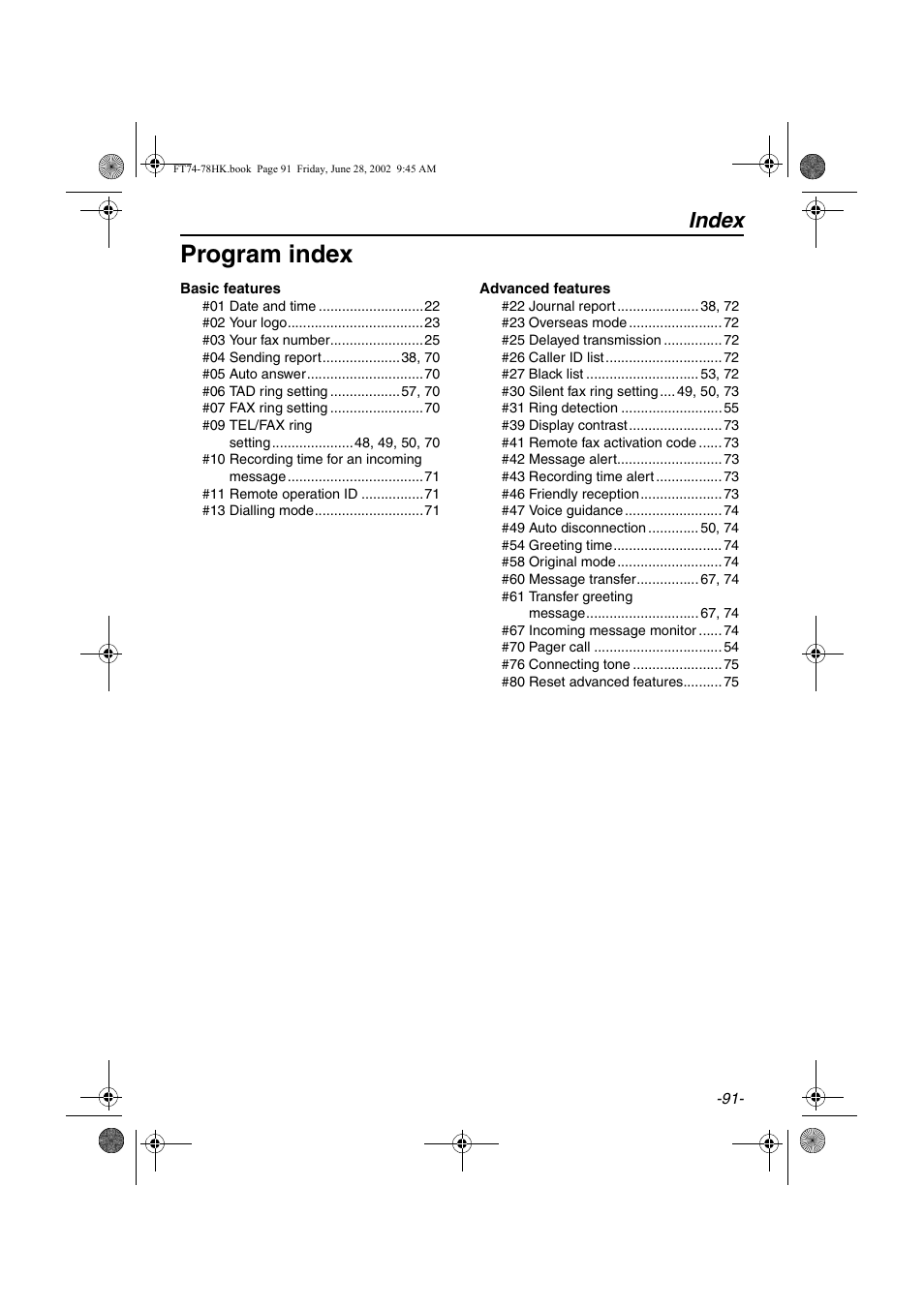 Program index, Index | Panasonic KX-FT78HK User Manual | Page 91 / 94