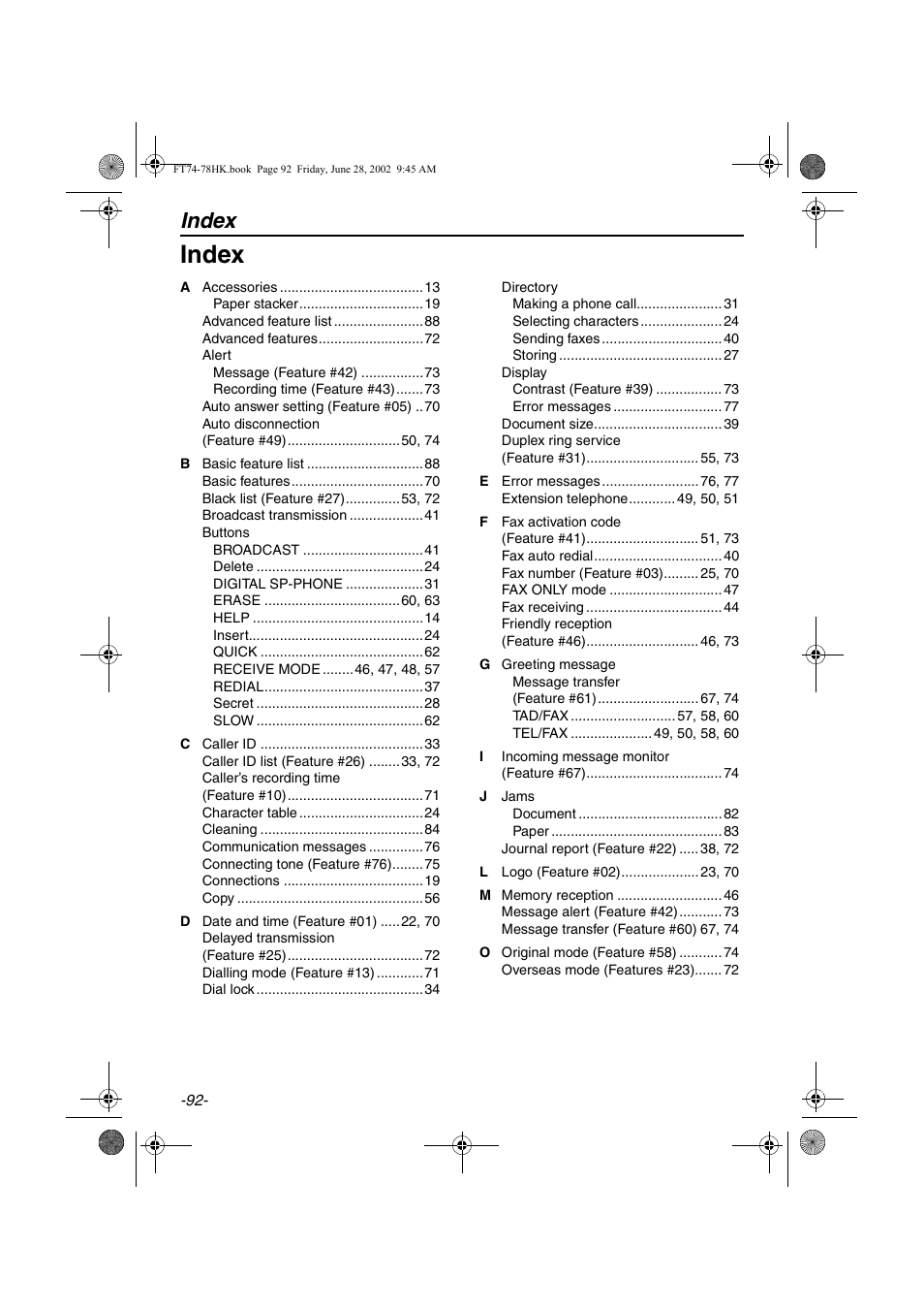 Index | Panasonic KX-FT78HK User Manual | Page 92 / 94