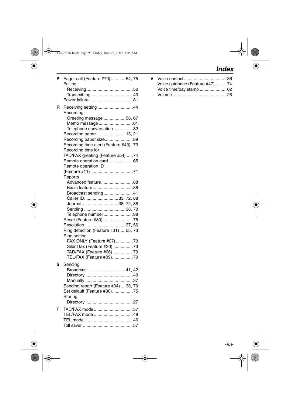 Index | Panasonic KX-FT78HK User Manual | Page 93 / 94