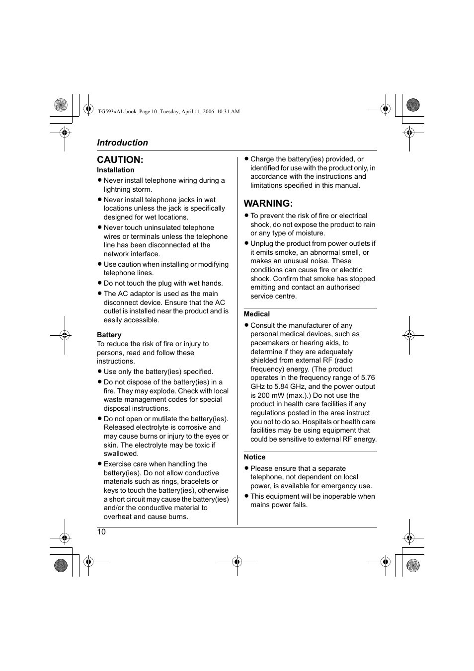 Caution, Warning | Panasonic KX-TG5932AL User Manual | Page 10 / 60