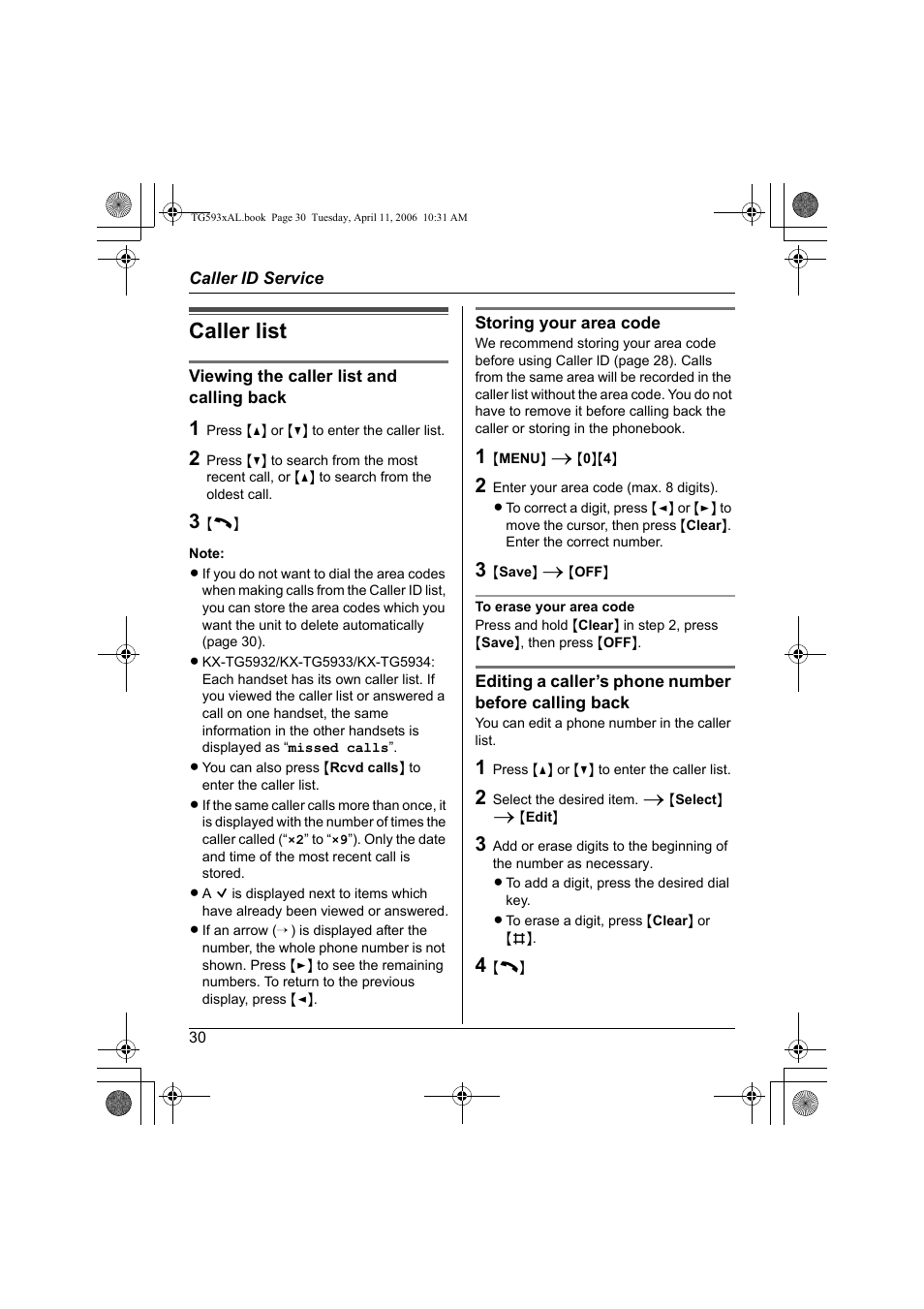 Caller list | Panasonic KX-TG5932AL User Manual | Page 30 / 60