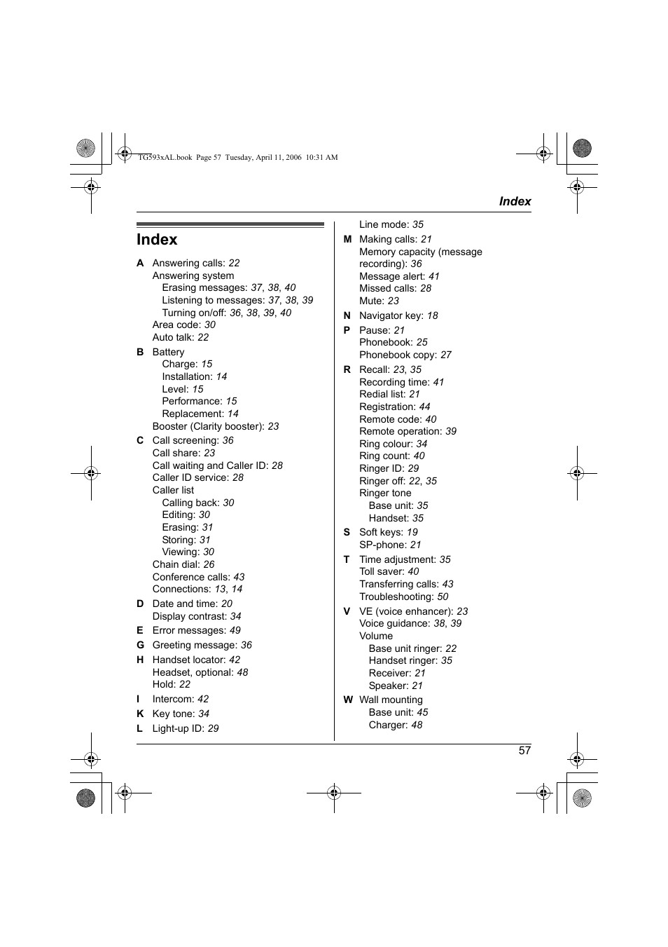 Index | Panasonic KX-TG5932AL User Manual | Page 57 / 60