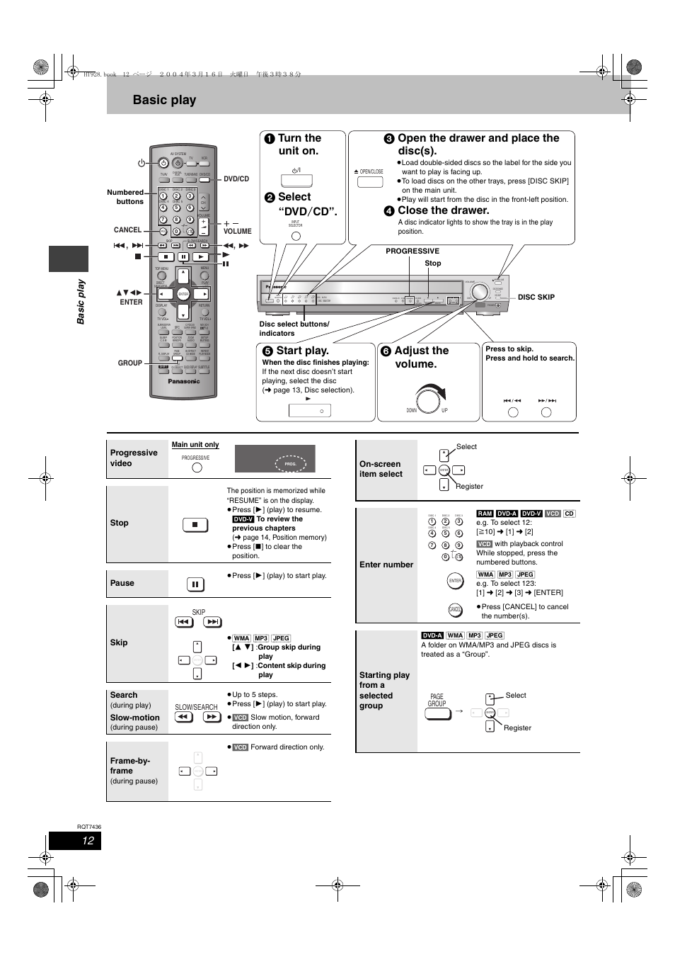 Basic play, 4 close the drawer, 5 start play | 6 adjust the volume, 2 select “dvd / cd, Ba sic p la y, Progressive video, Stop, Pause, Skip | Panasonic SC-HT928 User Manual | Page 12 / 36