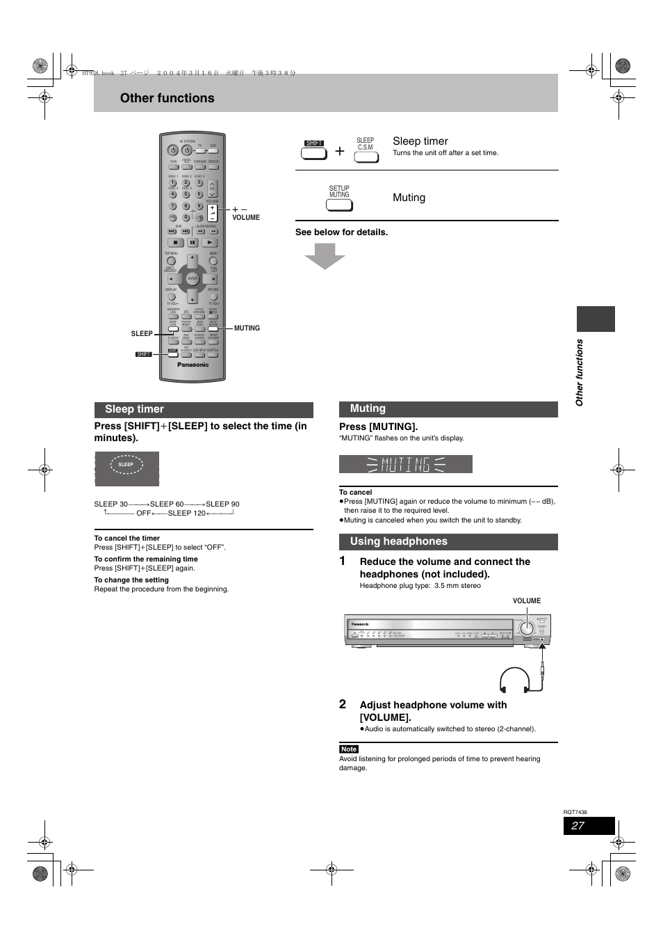 Other functions, Sleep timer, Muting | Muting using headphones, Press [muting, Adjust headphone volume with [volume, Ot he r func tions, See below for details, Headphone plug type: 3.5 mm stereo, Turns the unit off after a set time | Panasonic SC-HT928 User Manual | Page 27 / 36
