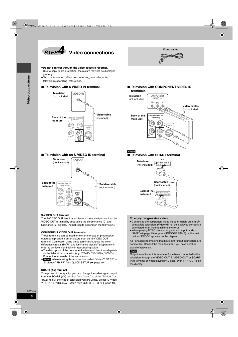 Step, Video connections, Vide o c onne c tions | Television with scart terminal | Panasonic SC-HT928 User Manual | Page 8 / 36