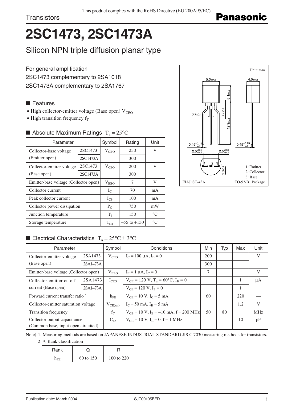 Panasonic 2SC1473 User Manual | 4 pages