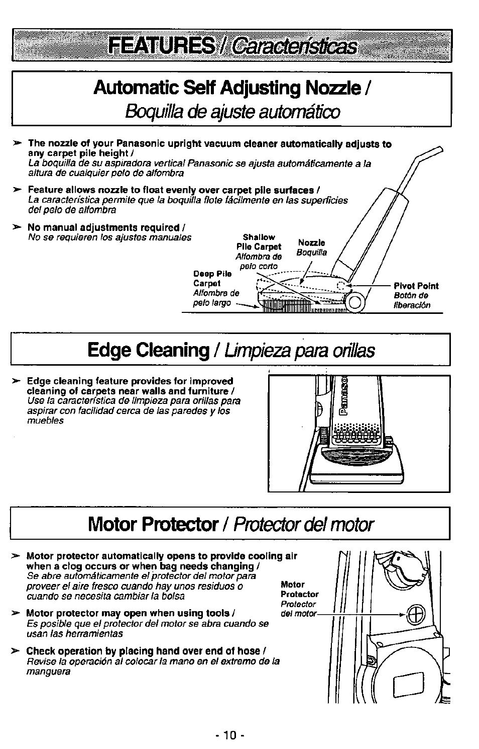 Automatic self adjusting nozzle, Boquilla de ajuste automático, Edge cleaning / limpieza para orillas | Edge cleaning, Lim pieza para orillas, Features, Características, Motor protector, Limpieza para orillas, Protector del motor | Panasonic QUICKDRAW MC-V7399 User Manual | Page 10 / 28