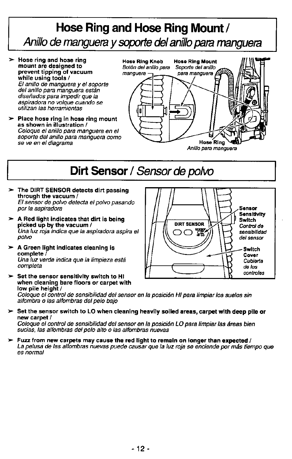 Hose ring and hose ring mount, Anilb de mangu&by sópate del anto para mangu&a | Panasonic QUICKDRAW MC-V7399 User Manual | Page 12 / 28