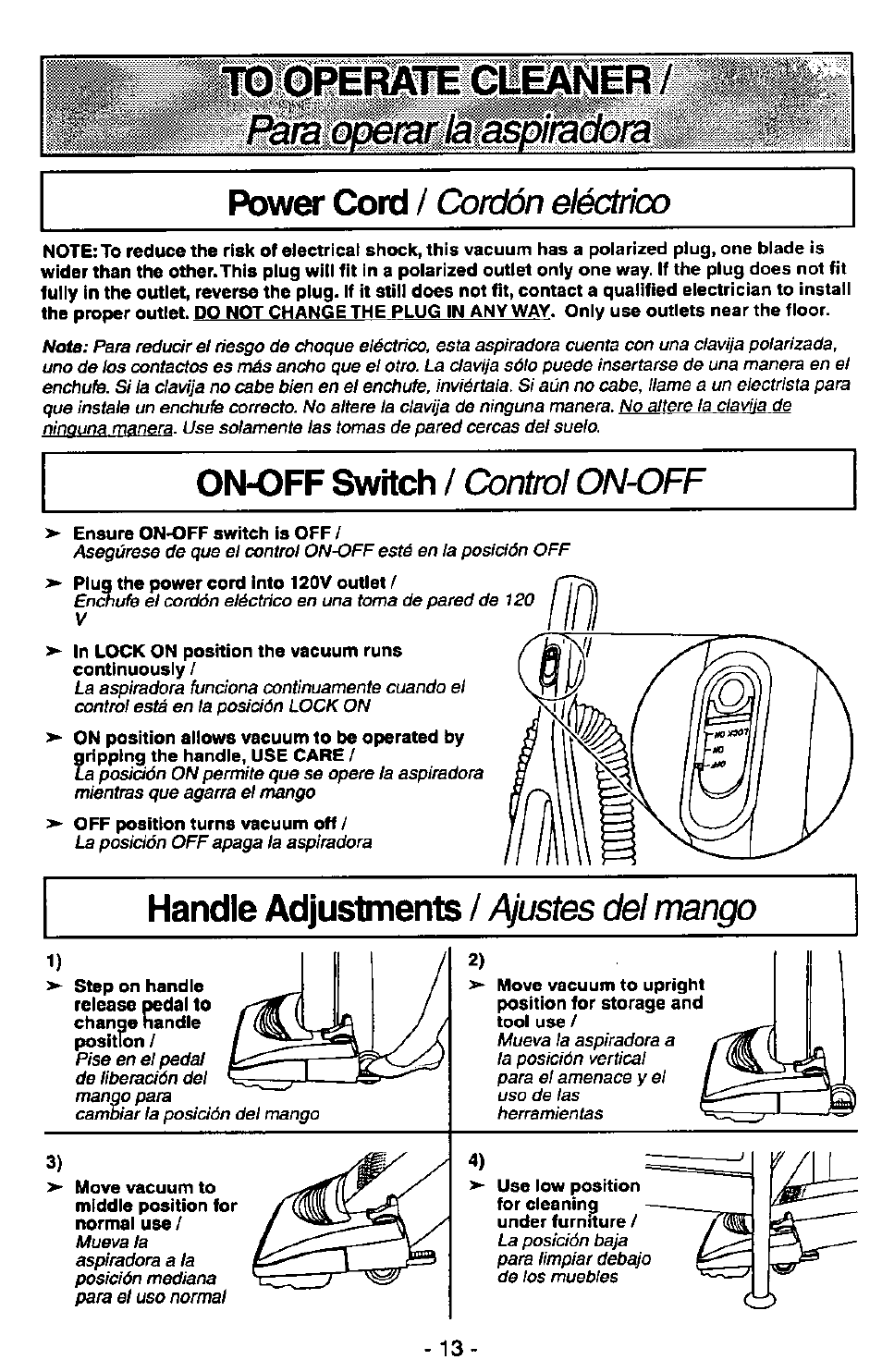 Power cord / ckìrdón eléctrico, Ensure on-off switch is off, Handle adjustments / ajustes del mango | Power cord, Cordón eléctrico, Handie adjustments, Ajustes del m ango, Onoff switch, Handle adjustments, Ckìrdón eléctrico | Panasonic QUICKDRAW MC-V7399 User Manual | Page 13 / 28