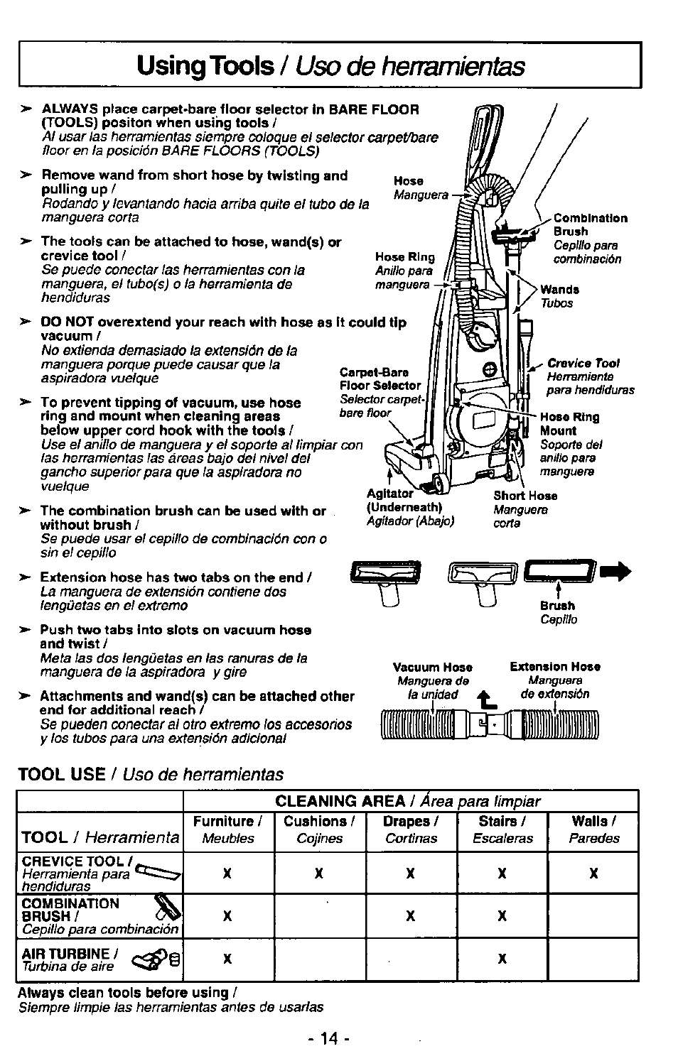Using tools / uso de herramientas, Using tools, Uso de herram ientas | Uso de herramientas, Área para limpiar, Herramienta | Panasonic QUICKDRAW MC-V7399 User Manual | Page 14 / 28