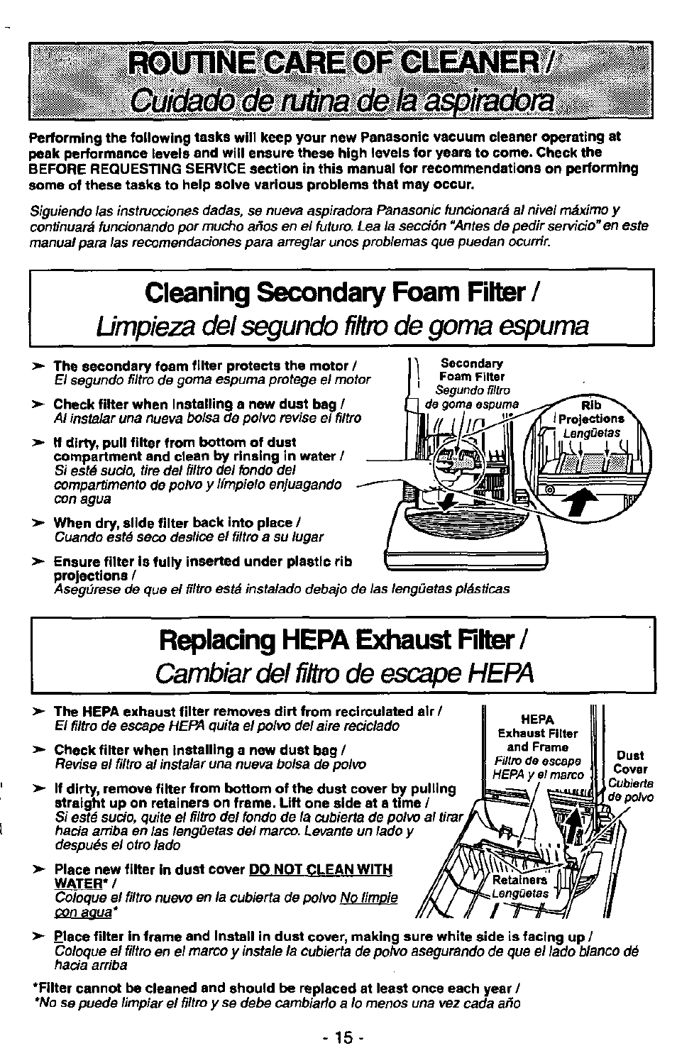 Cleaning secondary foam filter, Limpieza del segundo filtro de goma espuma, Replacing hepa exhaust filter | Cambiar del filtro de escape hepa, Lim pieza del segundo filtro de gom a espum a | Panasonic QUICKDRAW MC-V7399 User Manual | Page 15 / 28