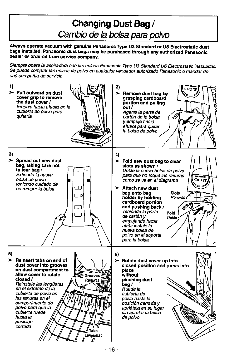 Changing dust bag, Cambio de la bolsa para polvo, Fold new dust bag to clear slots as shown | Panasonic QUICKDRAW MC-V7399 User Manual | Page 16 / 28