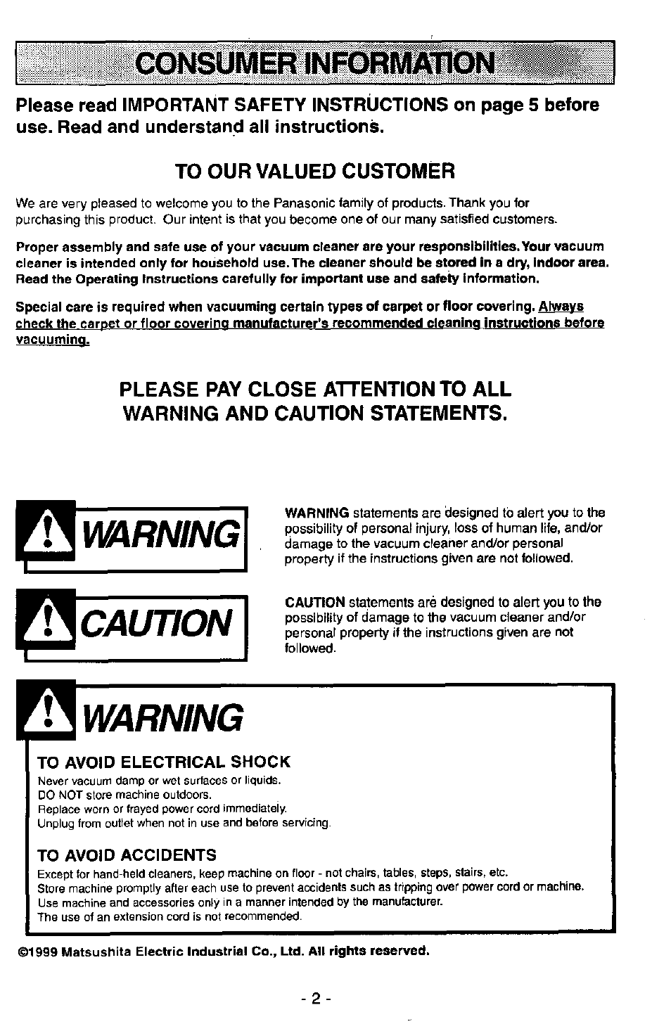 To our valued customer, To avoid electrical shock, To avoid accidents | Warning, Caution, Consumer | Panasonic QUICKDRAW MC-V7399 User Manual | Page 2 / 28