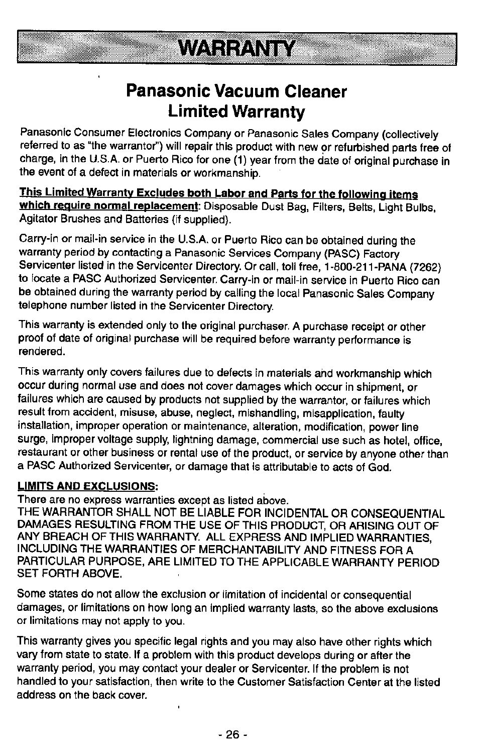 Panasonic vacuum cleaner limited warranty, Limits and exclusions | Panasonic QUICKDRAW MC-V7399 User Manual | Page 26 / 28